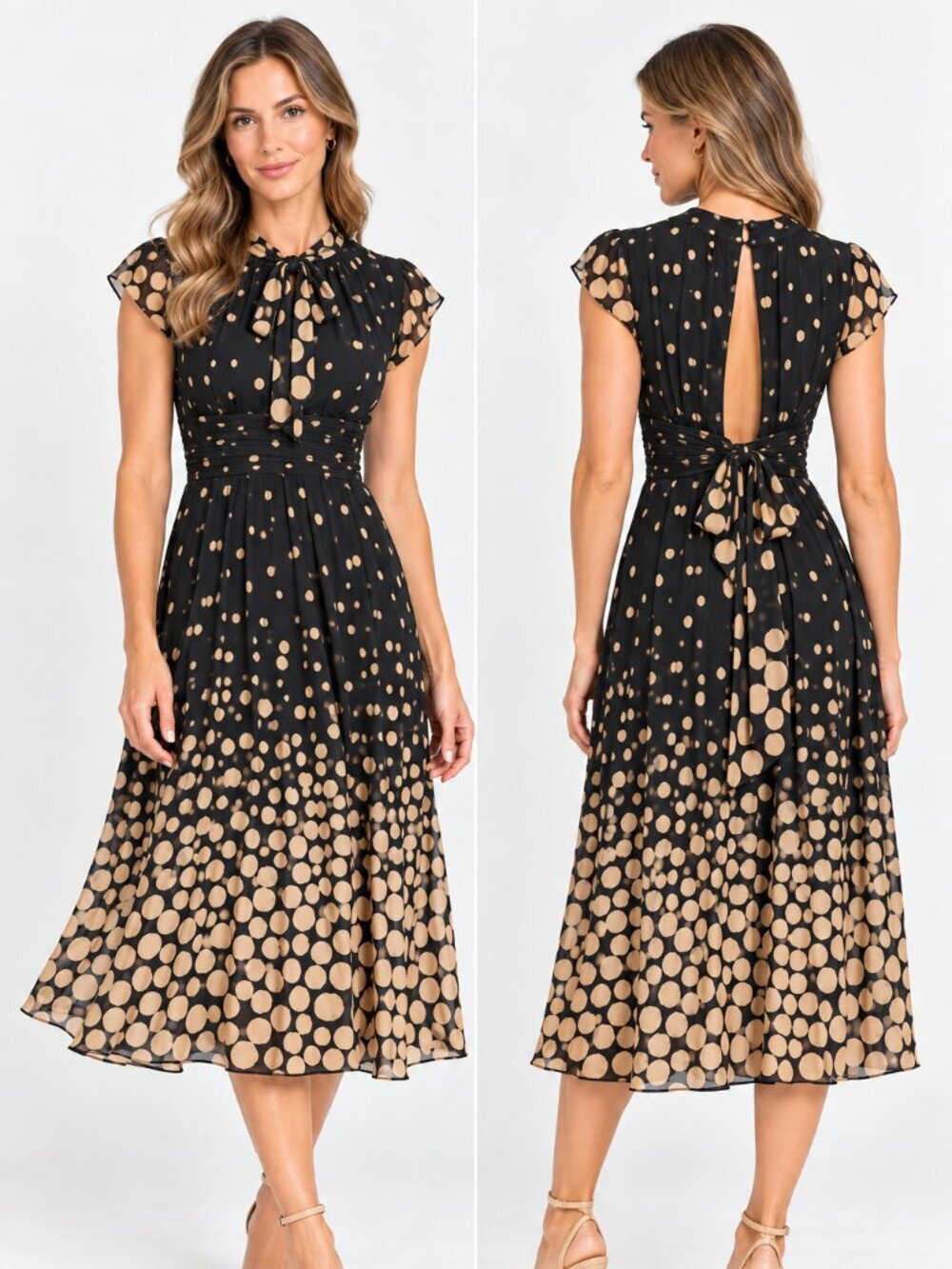 Mischen Womens 4 100% Silk Polka Dot Midi Dress Open Back Made USA